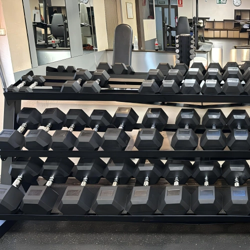 Mancuerna hexagonal engomada 32,5 kg - Profesional - Rack