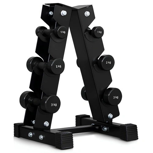 Portaequipajes verticales para pesas que ahorran espacio - PMV5 | 3 pares - Vista con mancuernas
