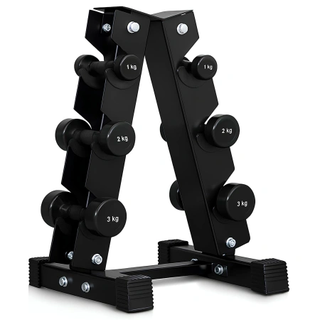 Portaequipajes verticales para pesas que ahorran espacio - PMV5 | 3 pares - Vista con mancuernas