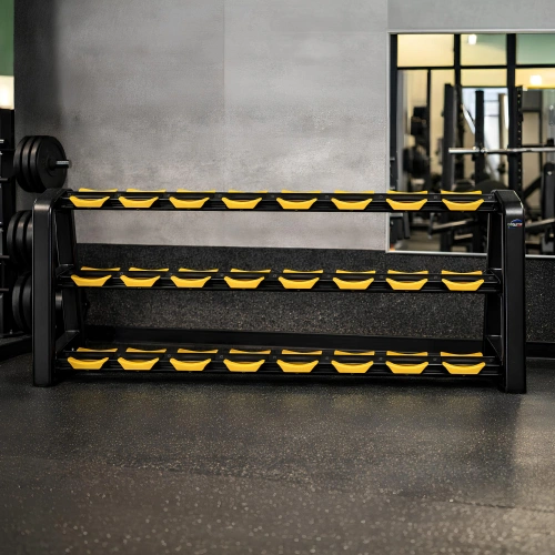 Hantelhalter mit 3 Regalen – 16 Paare – Fitnessstudioansicht