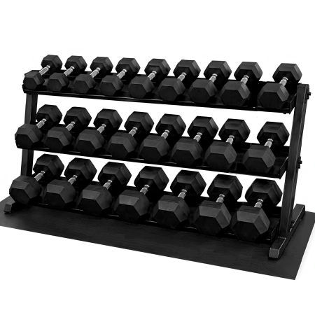 Gummibesetztes sechseckiges Hantel-Set von 2,5 bis 30 kg – bis 390 kg – Ansicht von Träger und Kurzhanteln