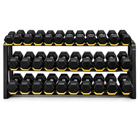 Kit Sechseckige Gummi Hanteln von 2,5 bis 40 Kg - Tot 680 Kg - Vollansicht Rack und Hanteln