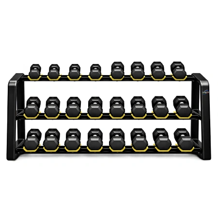 Kit Sechseckige Gummihanteln von 2,5 bis 30 Kg - Tot 390 Kg - Ansicht Rack und Hanteln