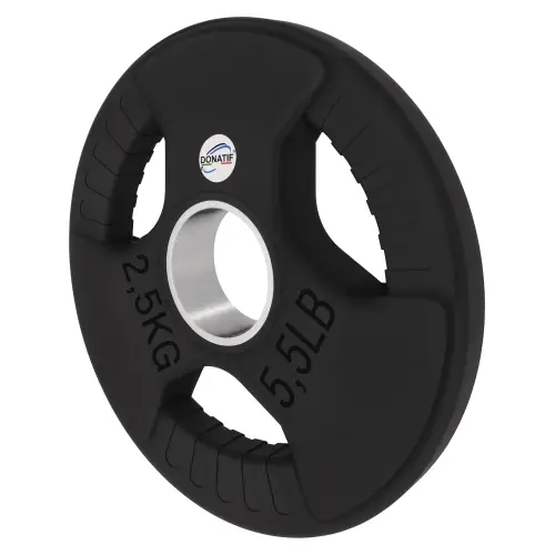 Disque caoutchouté de 2,5 kg - trou de 50 mm | Poignée Tri-Grip - Vue inclinable à gauche