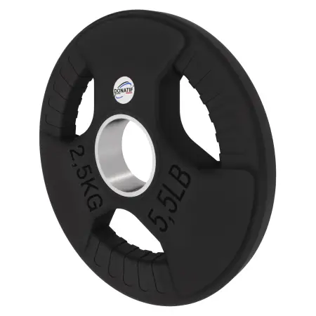 Disque caoutchouté de 2,5 kg - trou de 50 mm | Poignée Tri-Grip - Vue inclinable à gauche