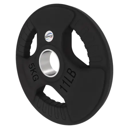 Disco de goma de 5 kg - Agujero 50 mm | Mango Tri-Grip - Vista de inclinación izquierda