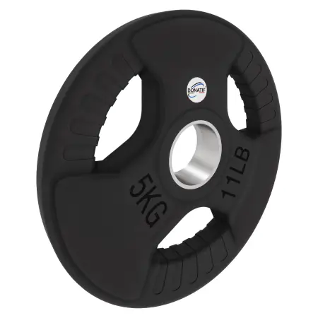 Disco de goma de 5 kg - Agujero 50 mm | Tri-Grip Grip - Vista de inclinación derecha