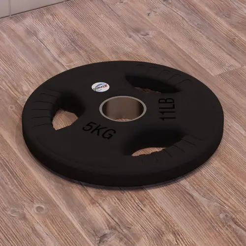 5 Kg gummierte Scheibe - Loch 50 mm | Tri-Grip-Griff - Horizontale Ansicht