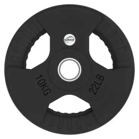 Disco de goma de 10 kg - Agujero 50 mm | Mango Tri-Grip - Vista frontal