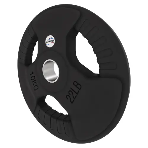 10 Kg Gummierte Scheibe - Loch 50 mm | Tri-Grip-Griff - Ansicht nach links neigen