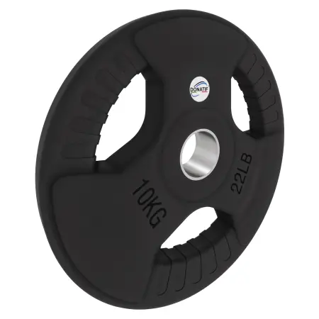 Disco Gommato da 10 Kg - Foro 50 mm | Impugnatura Tri-Grip - Vista con Inclinazione Verso Destra