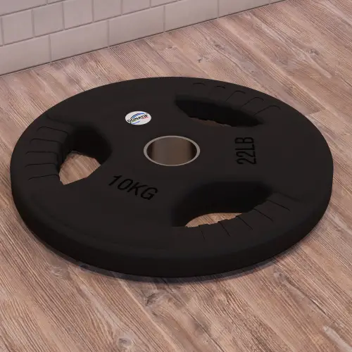 Disco de goma de 10 kg - Agujero 50 mm | Mango Tri-Grip - Vista horizontal