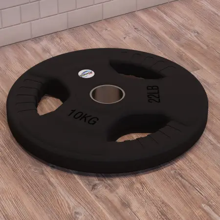 Disco de goma de 10 kg - Agujero 50 mm | Mango Tri-Grip - Vista horizontal