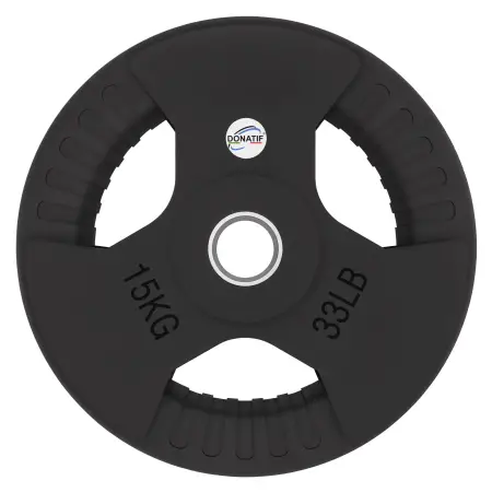 Disco de goma de 15 kg - Agujero 50 mm | Mango Tri-Grip - Vista frontal
