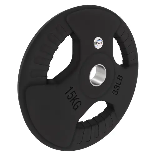 Disco de goma de 15 kg - Agujero 50 mm | Tri-Grip Grip - Vista de inclinación derecha