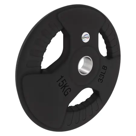 15 Kg gummierte Scheibe - Loch 50 mm | Tri-Grip Griff - Ansicht nach rechts