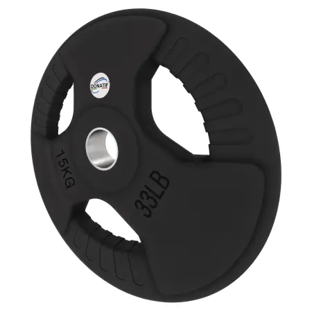Disco Gommato da 15 Kg - Foro 50 mm | Impugnatura Tri-Grip - Vista con Inclinazione Verso Sinistra