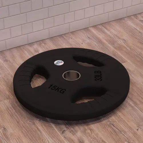 Disco de goma de 15 kg - Agujero 50 mm | Mango Tri-Grip - Vista horizontal