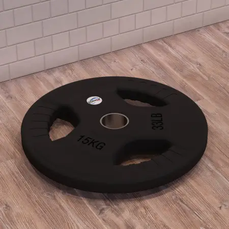15 Kg gummierte Scheibe - Loch 50 mm | Tri-Grip-Griff - Horizontale Ansicht