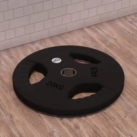 Disque caoutchouté de 20 kg - trou de 50 mm | Poignée Tri-Grip - Vue horizontale