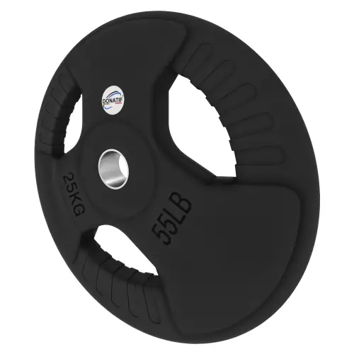 Disco Gommato da 25 Kg - Foro 50 mm | Impugnatura Tri-Grip - Vista con Inclinazione Verso Sinistra