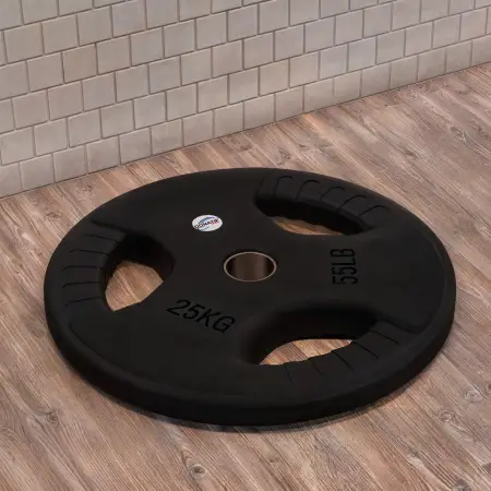 25 Kg Gummierte Scheibe - Loch 50 mm | Tri-Grip-Griff - Horizontale Ansicht
