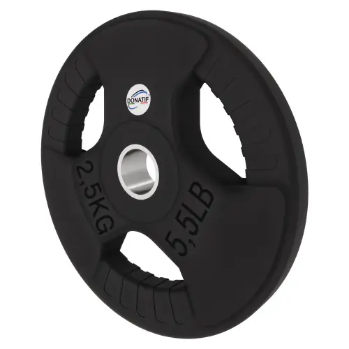 Disco de goma de 2,5 kg - Agujero de 28 mm | Mango Tri-Grip - Vista de inclinación izquierda