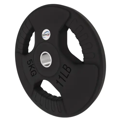 Disque caoutchouté 5 kg - Trou 28 mm | Poignée Tri-Grip - Vue inclinable à gauche
