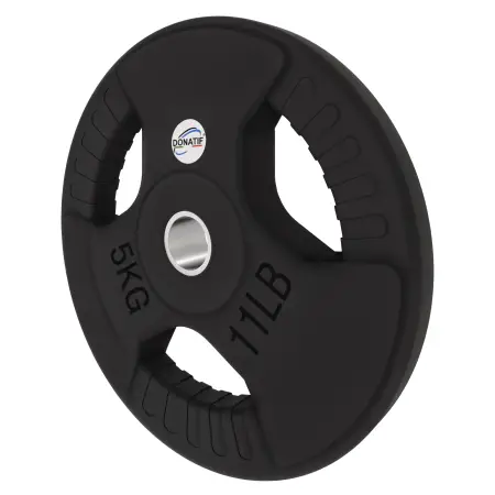 Disco Gommato da 5 Kg - Foro 28 mm | Impugnatura Tri-Grip - Vista con Inclinazione Verso Sinistra