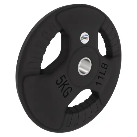 Disco Gommato da 5 Kg - Foro 28 mm | Impugnatura Tri-Grip - Vista con Inclinazione Verso Destra