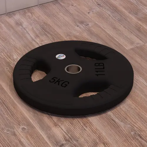 Disque caoutchouté 5 kg - Trou 28 mm | Poignée Tri-Grip - Vue horizontale