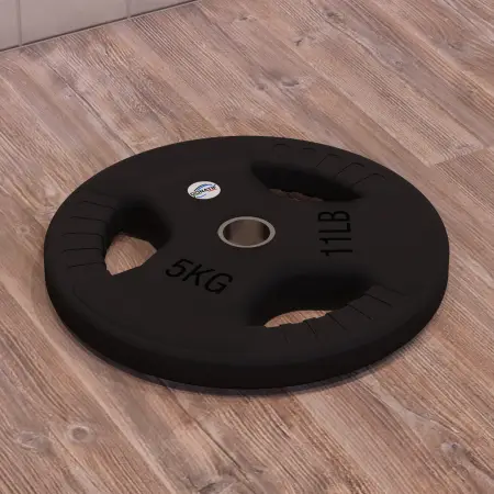 Disque caoutchouté 5 kg - Trou 28 mm | Poignée Tri-Grip - Vue horizontale