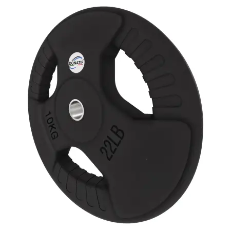 Disque caoutchouté de 10 kg - trou de 28 mm | Poignée Tri-Grip - Vue inclinable à gauche