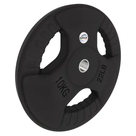 Disco Gommato da 10 Kg - Foro 28 mm | Impugnatura Tri-Grip - Vista con Inclinazione Verso Destra