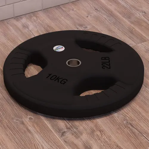 10 kg gummierte Scheibe - 28 mm Loch | Tri-Grip-Griff - Horizontale Ansicht