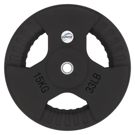 Disque caoutchouté de 15 kg - trou de 28 mm | Poignée Tri-Grip - Vue de face