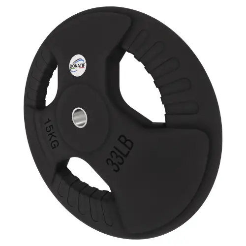 Disco Gommato da 15 Kg - Foro 28 mm | Impugnatura Tri-Grip - Vista con Inclinazione Verso Sinistra