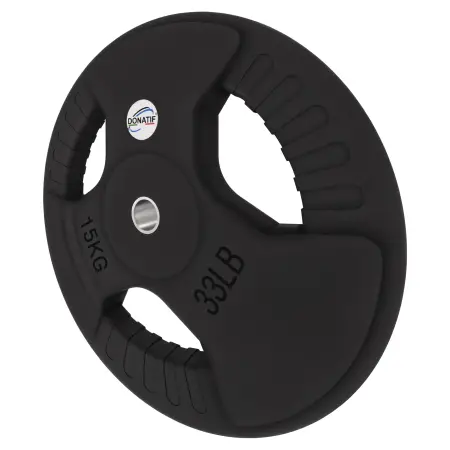 Disco Gommato da 15 Kg - Foro 28 mm | Impugnatura Tri-Grip - Vista con Inclinazione Verso Sinistra