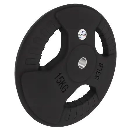 Disco Gommato da 15 Kg - Foro 28 mm | Impugnatura Tri-Grip - Vista con Inclinazione Verso Destra