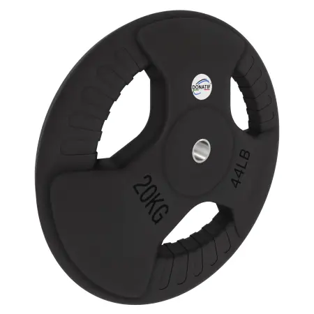 Disco Gommato da 20 Kg - Foro 28 mm | Impugnatura Tri-Grip - Vista con Inclinazione Verso Destra