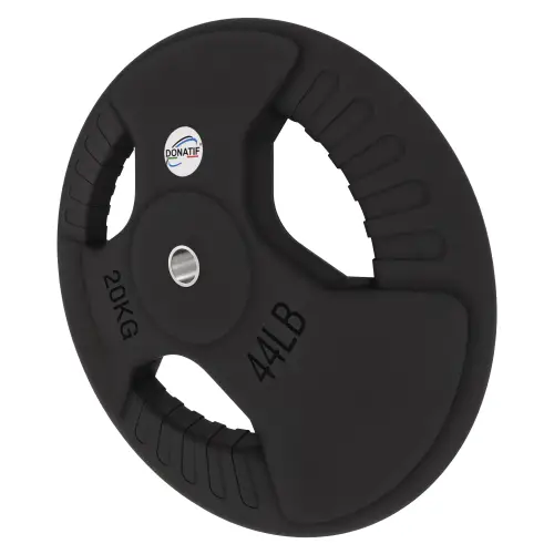 Disco Gommato da 20 Kg - Foro 28 mm | Impugnatura Tri-Grip - Vista con Inclinazione Verso Sinistra