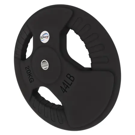 Disco Gommato da 20 Kg - Foro 28 mm | Impugnatura Tri-Grip - Vista con Inclinazione Verso Sinistra