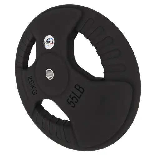 Disco Gommato da 25 Kg - Foro 28 mm | Impugnatura Tri-Grip - Vista con Inclinazione Verso Sinistra