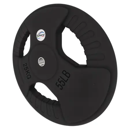 25 kg gummierte Scheibe - 28 mm Loch | Tri-Grip-Griff - Ansicht nach links neigen