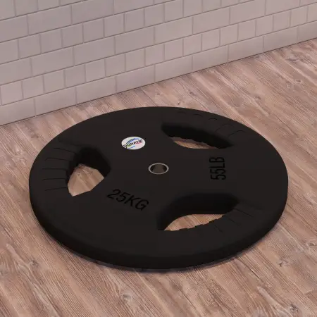 Disco de goma de 25 kg - Agujero de 28 mm | Mango Tri-Grip - Vista horizontal