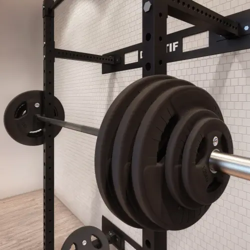 25 kg gummierte Scheibe - 28 mm Loch | Tri-Grip Grip - Ansicht der in die Langhantel eingesetzten Platten