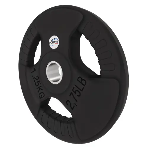 Disco Gommato da 1,25 Kg - Foro 28 mm | Impugnatura Tri-Grip - Vista con Inclinazione Verso Sinistra