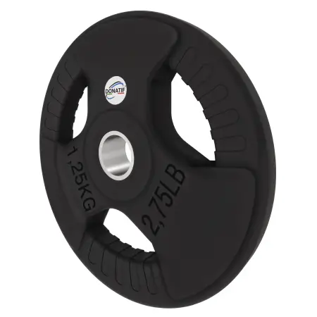 Disco Gommato da 1,25 Kg - Foro 28 mm | Impugnatura Tri-Grip - Vista con Inclinazione Verso Sinistra