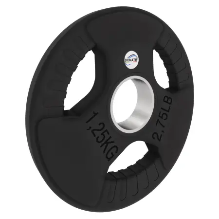Disco de goma de 1,25 kg - Agujero de 50 mm | Tri-Grip Grip - Vista de inclinación derecha