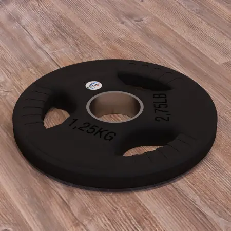 Disque caoutchouté de 1,25 kg - trou de 50 mm | Poignée Tri-Grip - Vue horizontale